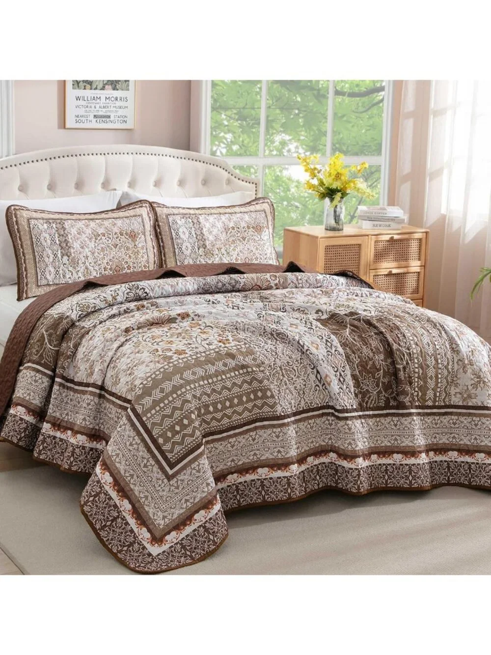 Bohemian Floral Quilt Set Queen Size, 3-Piece Patchwork Bedspread for All